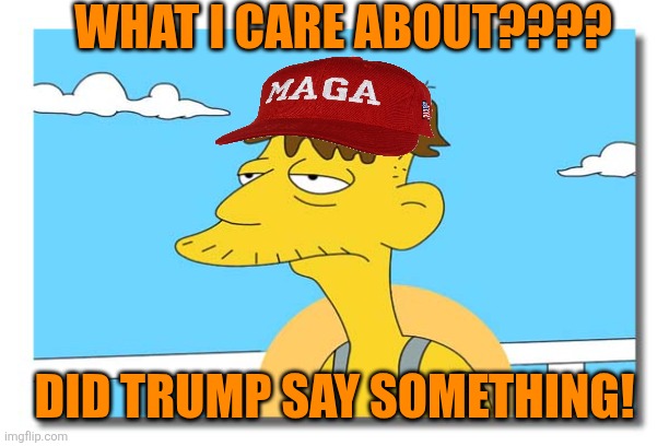 Oh, look. It's Cletus. | WHAT I CARE ABOUT???? DID TRUMP SAY SOMETHING! | image tagged in oh look it's cletus | made w/ Imgflip meme maker