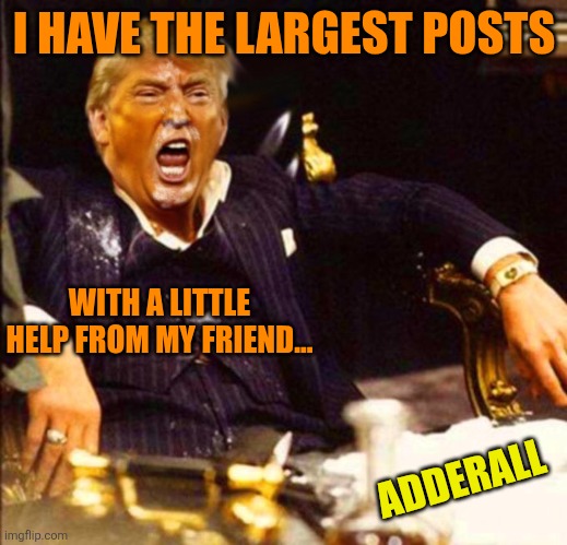Trump Coke | I HAVE THE LARGEST POSTS WITH A LITTLE HELP FROM MY FRIEND... ADDERALL | image tagged in trump coke | made w/ Imgflip meme maker