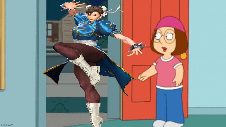 Meg Griffin meets Chun Li from street fighter | image tagged in meg meets someone at the door | made w/ Imgflip meme maker