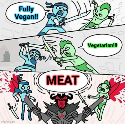 Sword fight | Fully Vegan!! Vegetarian!!! MEAT | image tagged in sword fight | made w/ Imgflip meme maker