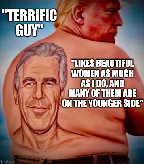 Pedo President | "TERRIFIC GUY"; "LIKES BEAUTIFUL WOMEN AS MUCH AS I DO, AND MANY OF THEM ARE ON THE YOUNGER SIDE" | image tagged in trump,gop,maga,nazis,fascists,epstein | made w/ Imgflip meme maker