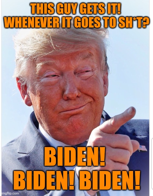 Trump pointing | THIS GUY GETS IT! 
WHENEVER IT GOES TO SH*T? BIDEN! 
BIDEN! BIDEN! | image tagged in trump pointing | made w/ Imgflip meme maker