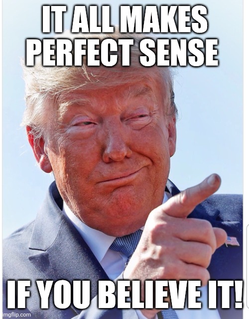 Trump pointing | IT ALL MAKES PERFECT SENSE IF YOU BELIEVE IT! | image tagged in trump pointing | made w/ Imgflip meme maker