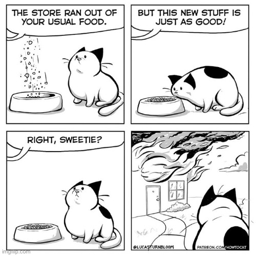 Coincidence? He must really love his regular cat food… | image tagged in cats,comics,different cat good,drastic measures | made w/ Imgflip meme maker