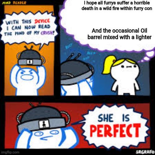 mind reader | I hope all furrys suffer a horrible death in a wild fire within furry con; And the occasional Oil barrel mixed with a lighter | image tagged in mind reader | made w/ Imgflip meme maker