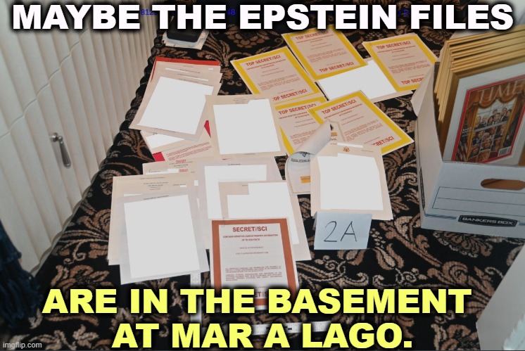If they haven't already been destroyed. | MAYBE THE EPSTEIN FILES; ARE IN THE BASEMENT 
AT MAR A LAGO. | image tagged in mar-a-lago classified documents,trump,jeffrey epstein,pedophile,evidence | made w/ Imgflip meme maker