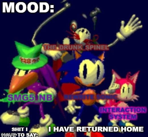 RewriteSonic triple trouble temp | I HAVE RETURNED HOME | image tagged in rewritesonic triple trouble temp | made w/ Imgflip meme maker