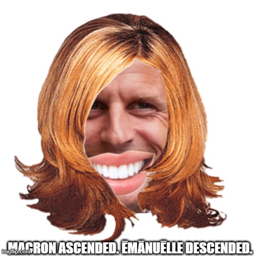 what a single line can do | MACRON ASCENDED. ĒMĀNUĒLLE DESCENDED. | image tagged in macron diacritic unicode transformation cursed meme absurd | made w/ Imgflip meme maker