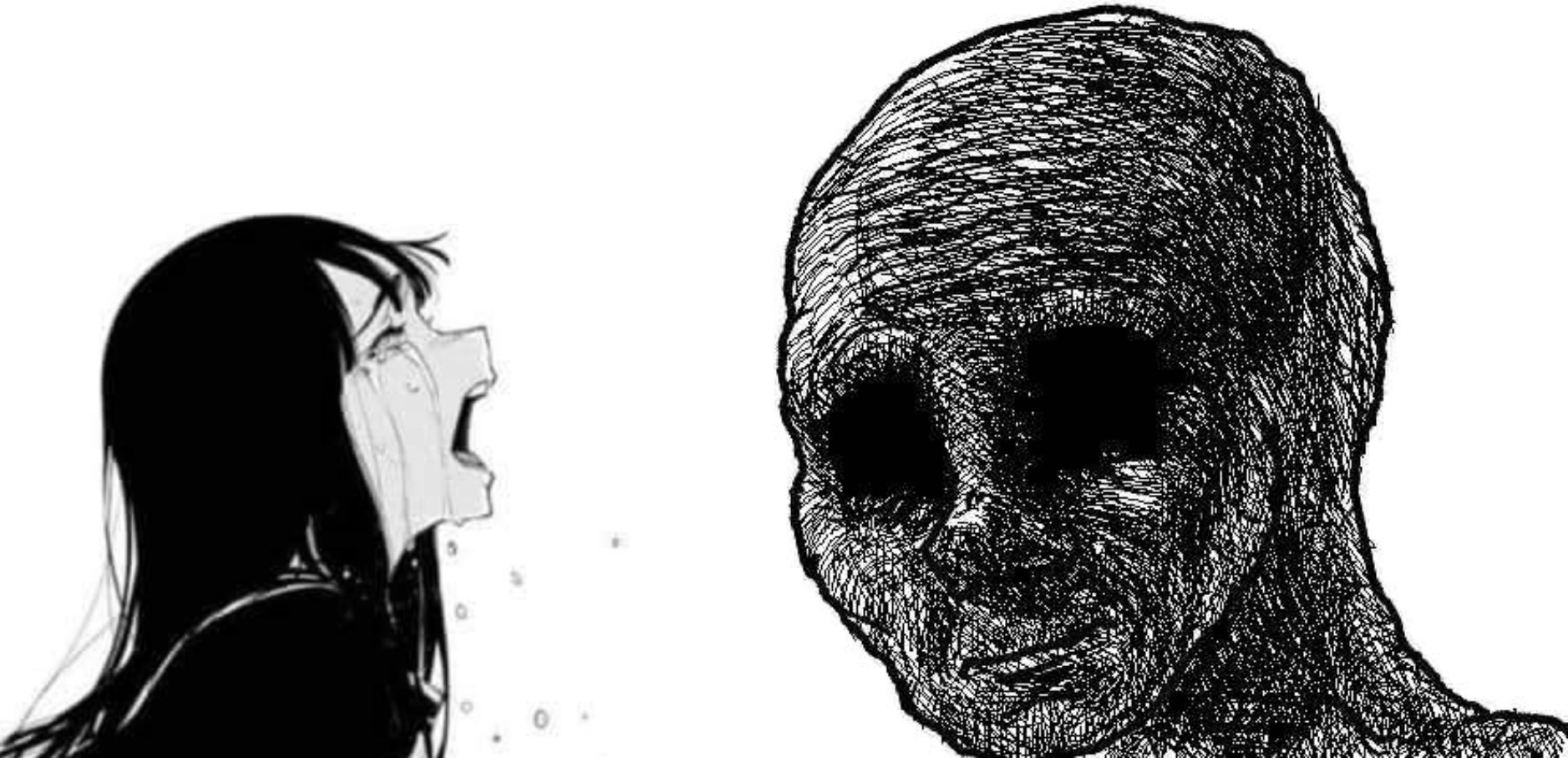 Babe screaming at withered wojak Blank Meme Template