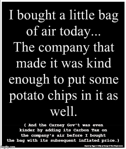 Economically & Emotionally Taxed by a Bag of Canadian Air | ( And the Carney Gov't was even kinder by adding its Carbon Tax on the company's air before I bought the bag with its subsequent inflated price.); Repost by Tigger & Willy of George N Tina Foley's meme | made w/ Imgflip meme maker