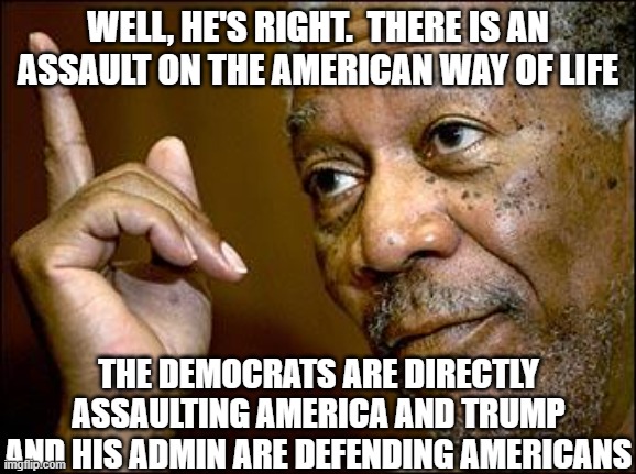 This Morgan Freeman | WELL, HE'S RIGHT.  THERE IS AN ASSAULT ON THE AMERICAN WAY OF LIFE THE DEMOCRATS ARE DIRECTLY ASSAULTING AMERICA AND TRUMP AND HIS ADMIN ARE | image tagged in this morgan freeman | made w/ Imgflip meme maker