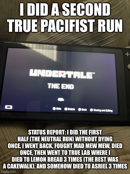 Too easy | I DID A SECOND TRUE PACIFIST RUN; STATUS REPORT: I DID THE FIRST HALF (THE NEUTRAL RUN) WITHOUT DYING ONCE, I WENT BACK, FOUGHT MAD MEW MEW, DIED ONCE, THEN WENT TO TRUE LAB WHERE I DIED TO LEMON BREAD 3 TIMES (THE REST WAS A CAKEWALK), AND SOMEHOW DIED TO ASRIEL 3 TIMES | made w/ Imgflip meme maker