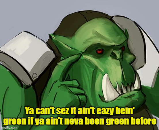 Ork Safe | Ya can't sez it ain't eazy bein' green if ya ain't neva been green before | image tagged in ork safe | made w/ Imgflip meme maker
