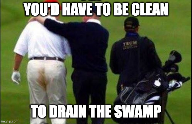 Being part of the problem, not the solution | YOU'D HAVE TO BE CLEAN; TO DRAIN THE SWAMP | image tagged in trump golf course pants,trump swamp | made w/ Imgflip meme maker