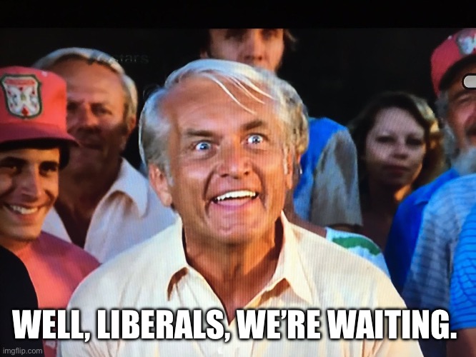 Caddyshack we're waiting | WELL, LIBERALS, WE’RE WAITING. | image tagged in caddyshack we're waiting | made w/ Imgflip meme maker