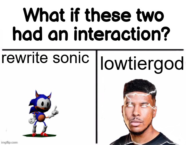 What if these two had an interaction? | rewrite sonic; lowtiergod | image tagged in what if these two had an interaction | made w/ Imgflip meme maker