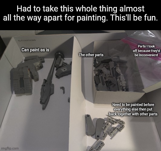 Had to take this whole thing almost all the way apart for painting. This'll be fun. Parts I took off because they'd be inconvenient; Can paint as is; The other parts; Need to be painted before everything else then put back together with other parts | made w/ Imgflip meme maker