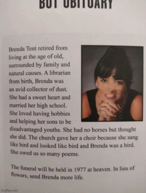 RIP Brenda Tent she lowkey seemed like a good person even without a nose | made w/ Imgflip meme maker