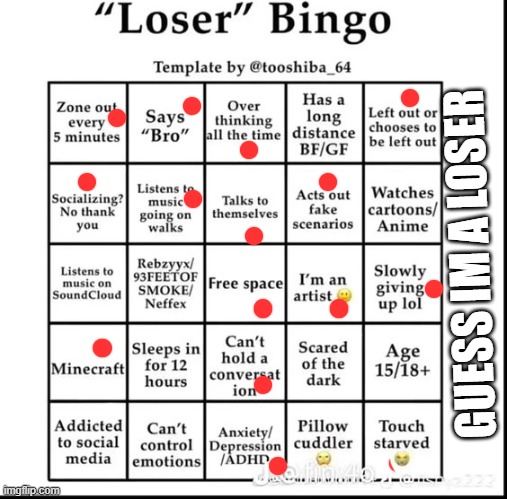 loser bingo | GUESS IM A LOSER | image tagged in loser bingo | made w/ Imgflip meme maker