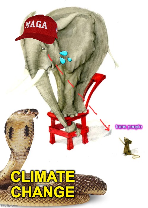 I'm sure this is in Aesop somewhere | trans people; CLIMATE
CHANGE | image tagged in scared elephant,fear,gop,maga,idiocracy | made w/ Imgflip meme maker