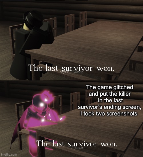 The new survivors look fire | The game glitched and put the killer  in the last survivor’s ending screen, I took two screenshots | image tagged in msmg,roblox,forsaken | made w/ Imgflip meme maker