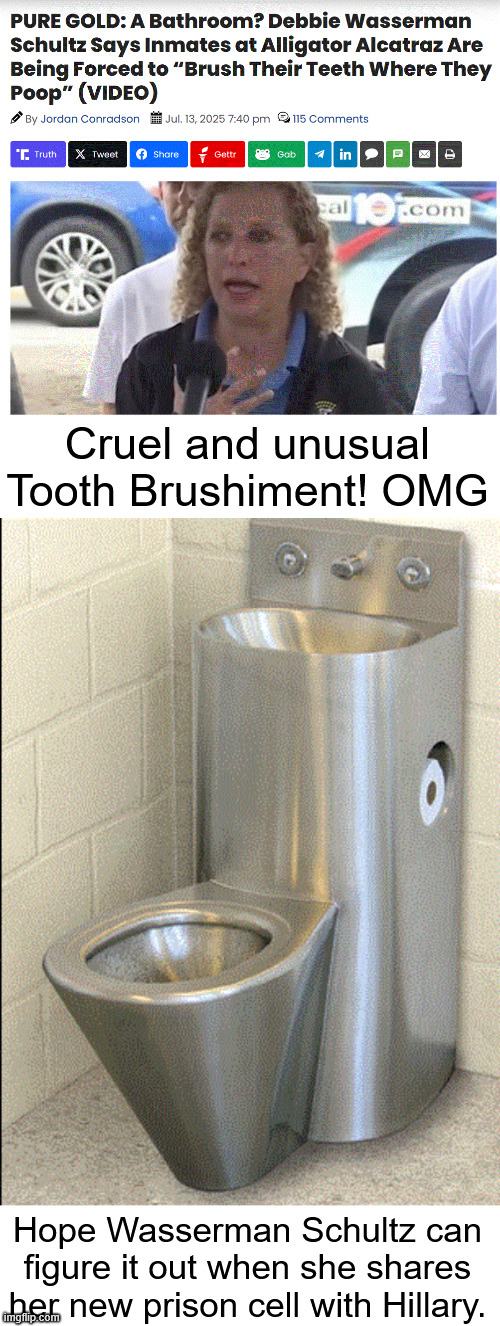 What will they complain about next? | Cruel and unusual Tooth Brushiment! OMG; Hope Wasserman Schultz can figure it out when she shares her new prison cell with Hillary. | image tagged in more,faux outrage,dem alligator tears | made w/ Imgflip meme maker