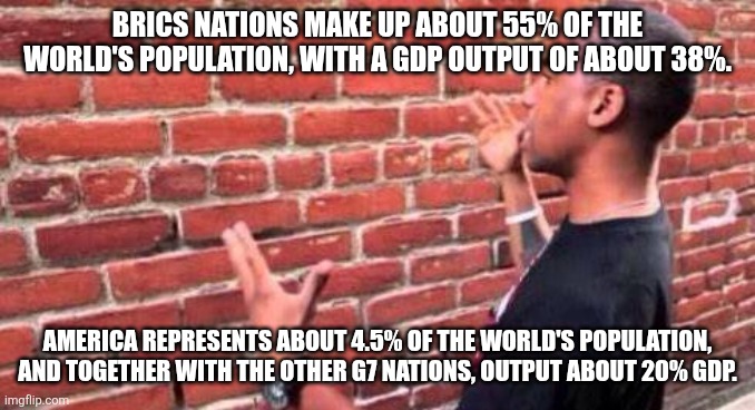 The Dollar will not continue to impoverish the world. Your tariffs aren't working. | BRICS NATIONS MAKE UP ABOUT 55% OF THE WORLD'S POPULATION, WITH A GDP OUTPUT OF ABOUT 38%. AMERICA REPRESENTS ABOUT 4.5% OF THE WORLD'S POPULATION, AND TOGETHER WITH THE OTHER G7 NATIONS, OUTPUT ABOUT 20% GDP. | image tagged in brick wall | made w/ Imgflip meme maker