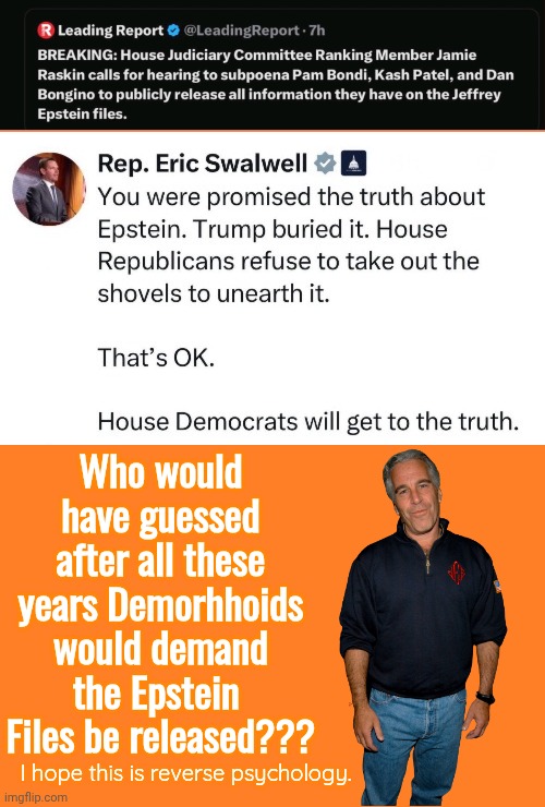Epstein Files reverse psychology | Who would have guessed after all these years Demorhhoids would demand the Epstein  Files be released??? I hope this is reverse psychology. | image tagged in orange meme,jeffrey epstein,psychology | made w/ Imgflip meme maker