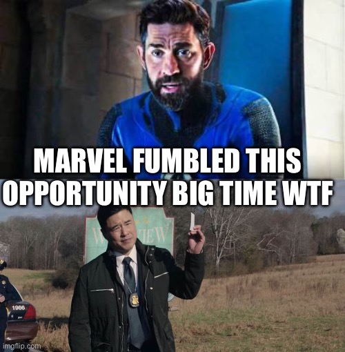 Marvel Mr. fantastic and agent Woo | MARVEL FUMBLED THIS OPPORTUNITY BIG TIME WTF | image tagged in agent woo,marvel,doctor strange multiverse of madness,mr fantastic | made w/ Imgflip meme maker