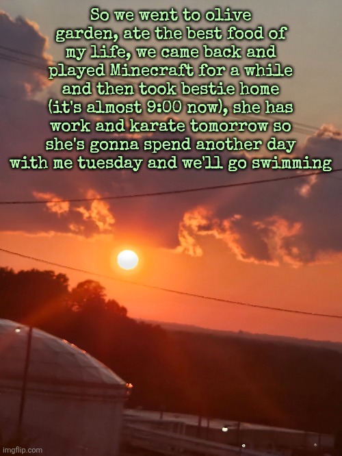 So we went to olive garden, ate the best food of my life, we came back and played Minecraft for a while and then took bestie home (it's almost 9:00 now), she has work and karate tomorrow so she's gonna spend another day with me tuesday and we'll go swimming | made w/ Imgflip meme maker