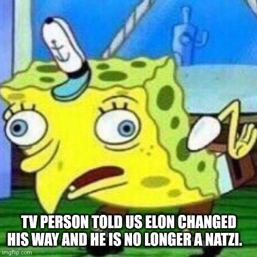 triggerpaul | TV PERSON TOLD US ELON CHANGED HIS WAY AND HE IS NO LONGER A NATZI. | image tagged in triggerpaul | made w/ Imgflip meme maker