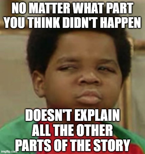 Suspicious | NO MATTER WHAT PART YOU THINK DIDN'T HAPPEN DOESN'T EXPLAIN ALL THE OTHER PARTS OF THE STORY | image tagged in suspicious | made w/ Imgflip meme maker