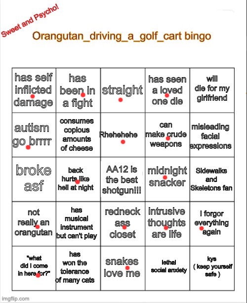 Orangutan_driving_a_golf_cart bingo | image tagged in orangutan_driving_a_golf_cart bingo | made w/ Imgflip meme maker