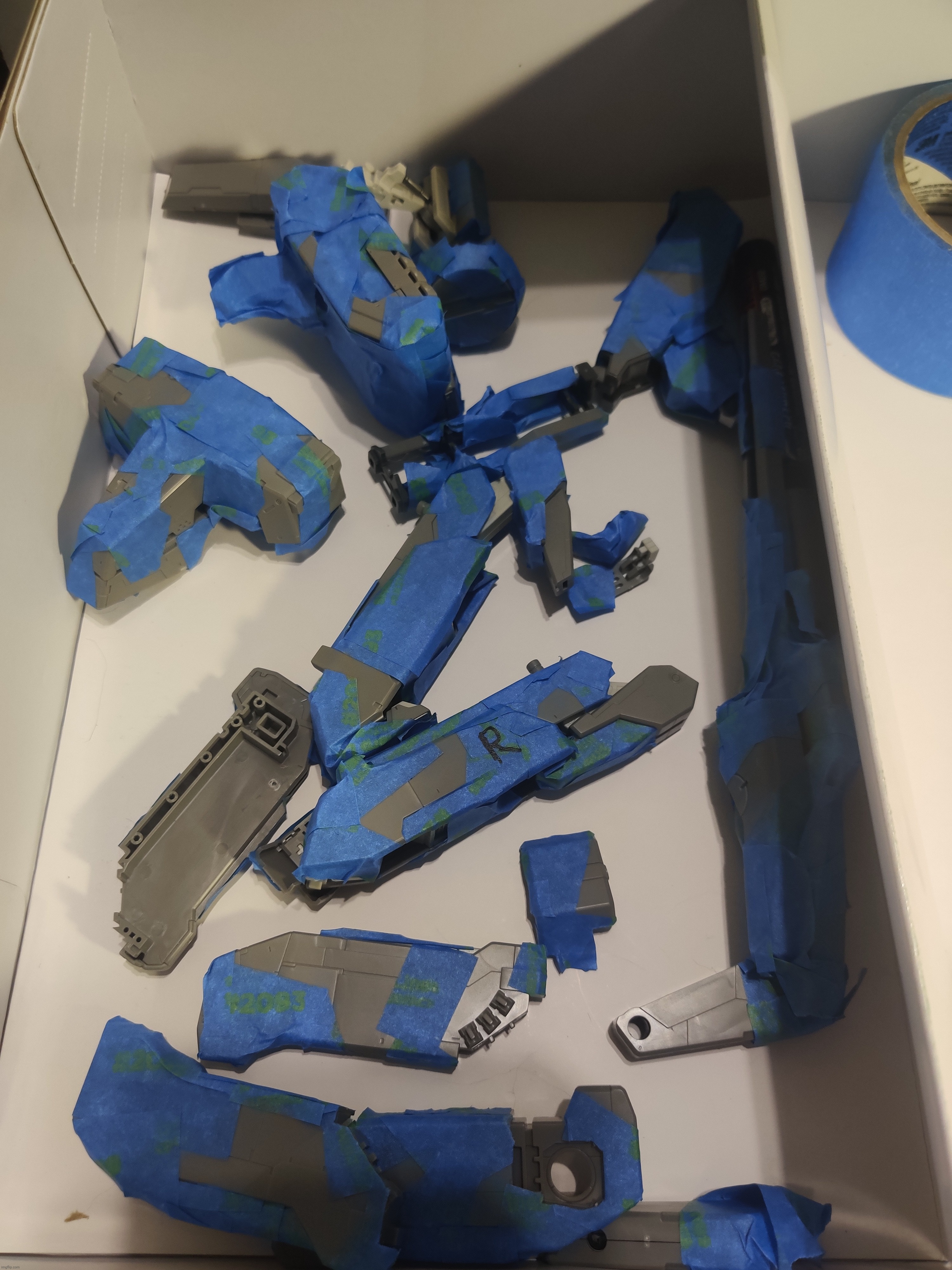 Finished masking off parts and it took all day because I just... REALLY didn't wanna do it. | made w/ Imgflip meme maker