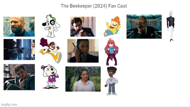 Credit to Mico the Ninjago Fan 2024 for this used | image tagged in meme,memes,spoof cast,the beekeeper,characters,roles | made w/ Imgflip meme maker