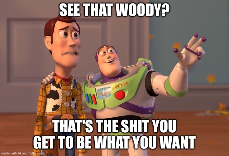 X, X Everywhere | SEE THAT WOODY? THAT'S THE SHIT YOU GET TO BE WHAT YOU WANT | image tagged in memes,x x everywhere | made w/ Imgflip meme maker