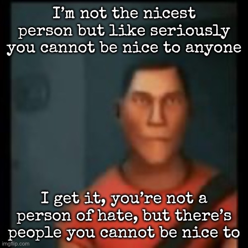 Disappointed Scout | I’m not the nicest person but like seriously you cannot be nice to anyone; I get it, you’re not a person of hate, but there’s people you cannot be nice to | image tagged in disappointed scout,msmg | made w/ Imgflip meme maker