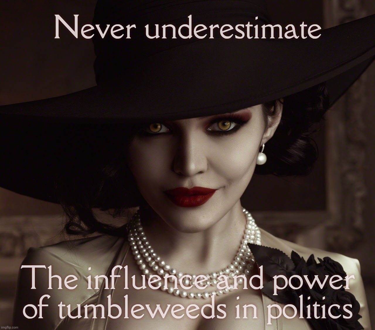 Lady Dimitrescu Resident Evil Village | Never underestimate The influence and power of tumbleweeds in politics | image tagged in lady dimitrescu resident evil village | made w/ Imgflip meme maker