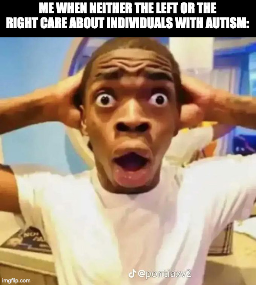 Ableist f*ckers(except for the neurodivergant people on both sides, y'all are cool) | ME WHEN NEITHER THE LEFT OR THE RIGHT CARE ABOUT INDIVIDUALS WITH AUTISM: | image tagged in shocked black guy,politics,autism,democrats,republicans | made w/ Imgflip meme maker
