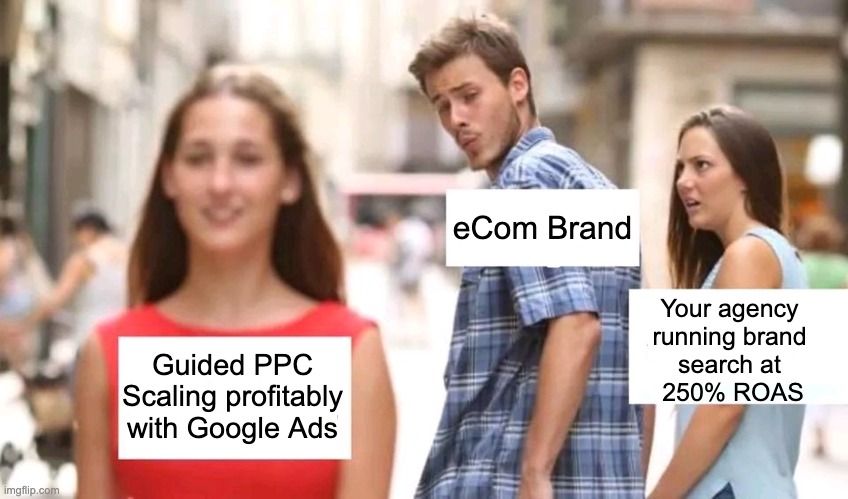 Is your Google Ads Agency keeping you on leash? | eCom Brand; Your agency 
running brand 
search at 
250% ROAS; Guided PPC Scaling profitably with Google Ads | image tagged in distracted boyfriend,google ads,youtube ads | made w/ Imgflip meme maker