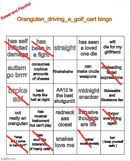 Orangutan_driving_a_golf_cart bingo | image tagged in orangutan_driving_a_golf_cart bingo | made w/ Imgflip meme maker