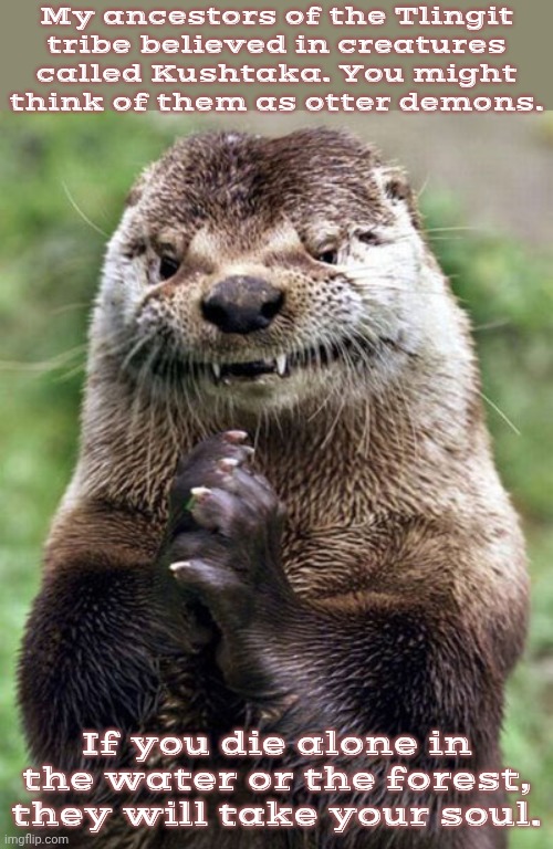 They think that they're saving you. | My ancestors of the Tlingit
tribe believed in creatures called Kushtaka. You might
think of them as otter demons. If you die alone in the water or the forest, they will take your soul. | image tagged in evil otter,native american,myth,religious,tradition,alaska | made w/ Imgflip meme maker