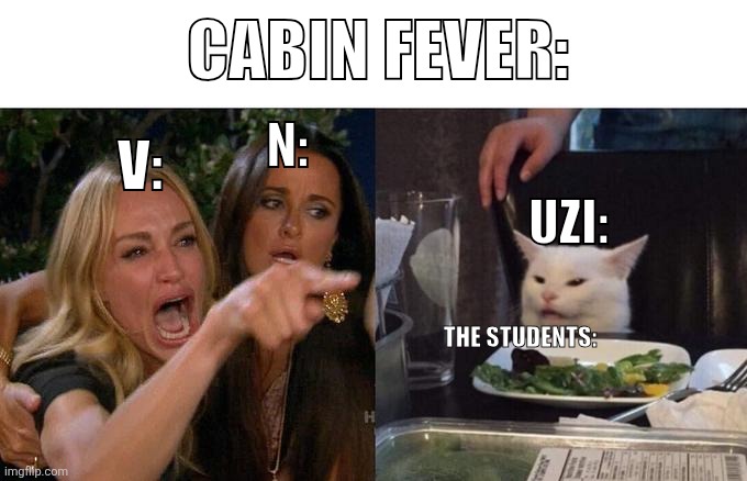 Cabin Fever be like (Ultimate:I did the title) | CABIN FEVER:; N:; V:; UZI:; THE STUDENTS: | image tagged in memes,woman yelling at cat,murder drones | made w/ Imgflip meme maker