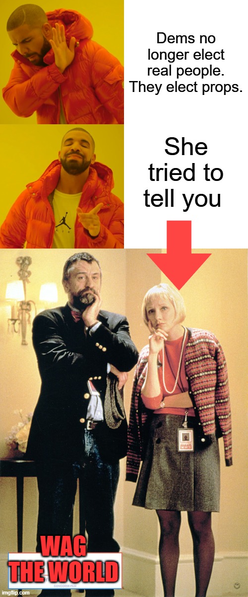 Ann knew about all the evil deeds being done to kids. She should of never made the documentary | Dems no longer elect real people. They elect props. She tried to tell you; WAG THE WORLD | image tagged in memes,drake hotline bling | made w/ Imgflip meme maker