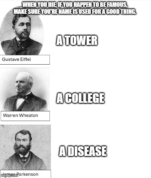 name | WHEN YOU DIE, IF YOU HAPPEN TO BE FAMOUS, MAKE SURE YOU'RE NAME IS USED FOR A GOOD THING. A TOWER; A COLLEGE; A DISEASE | image tagged in funny | made w/ Imgflip meme maker