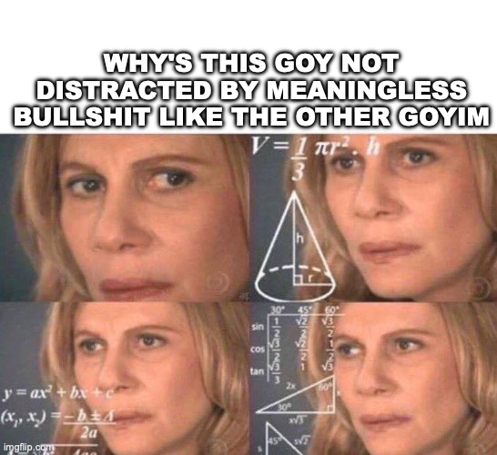 JQ Counter | WHY'S THIS GOY NOT DISTRACTED BY MEANINGLESS BULLSHIT LIKE THE OTHER GOYIM | image tagged in math lady/confused lady | made w/ Imgflip meme maker