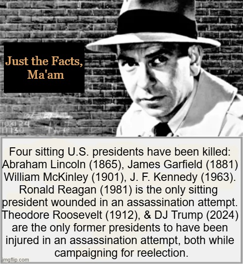 A Dangerous Job | Just the Facts, 
Ma'am; Four sitting U.S. presidents have been killed: 

Abraham Lincoln (1865), James Garfield (1881) 

William McKinley (1901), J. F. Kennedy (1963). 

Ronald Reagan (1981) is the only sitting  

president wounded in an assassination attempt. 

Theodore Roosevelt (1912), & DJ Trump (2024) 

are the only former presidents to have been 

injured in an assassination attempt, both while 

campaigning for reelection. | image tagged in presidents,death,names,abraham lincoln,assassination,facts | made w/ Imgflip meme maker