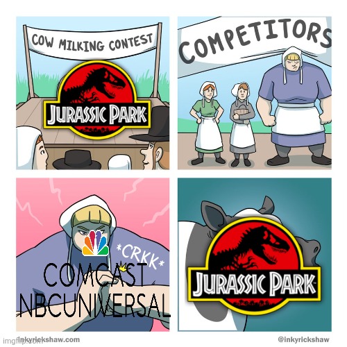 cow milking contest | image tagged in cow milking contest,jurassic park,jurassic world,nbcuniversal,comcast | made w/ Imgflip meme maker