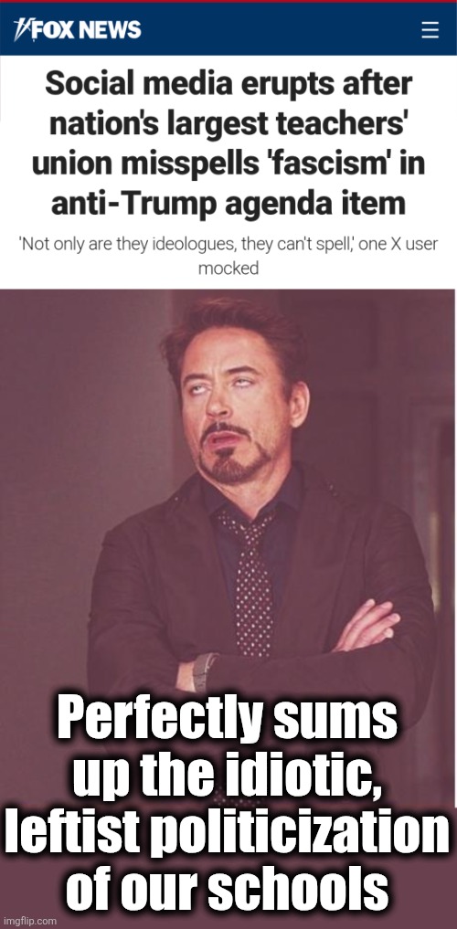 Perfectly sums up the idiotic, leftist politicization of our schools | image tagged in memes,face you make robert downey jr,trump derangement syndrome,teachers,schools,democrats | made w/ Imgflip meme maker