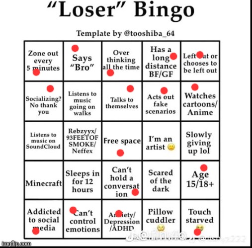 How is having ADHD, being socially awkward/inept and being an adult being a loser, bro? :sob: :skull: | image tagged in loser bingo | made w/ Imgflip meme maker